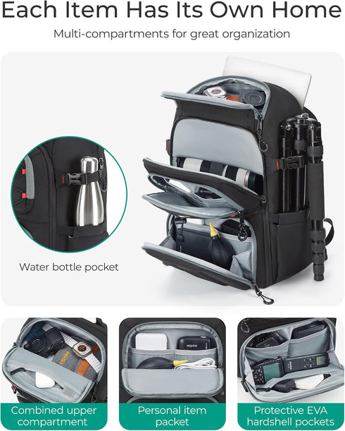15.6" BAGSMART Camera Bag for Photographers, Professional Camera Bag Fits up to Laptop, DSLR/Drones/Tripod Camera Case