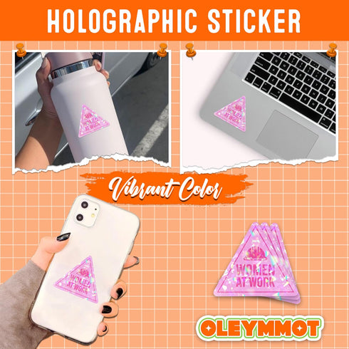 Generic Set 3Pcs 3 Inches Pink Women at Work Holographic Stickers Hard Hat Sticker for Women Feminist Construction Sign