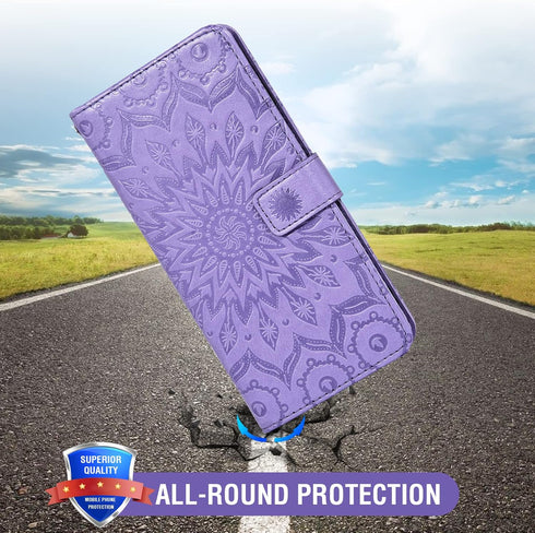 Samsung Galaxy S9 Plus Wallet Case with Tempered Glass Screen Protector, Leather Flip Cover (Purple)