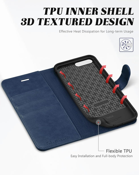 TUCCH Case Wallet for iPhone 8 Plus/7 Plus, PU Leather with 3 Credit Card Holder, 1 Money Slot, Kickstand Folio Flip