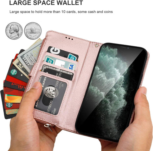 KIHUWEY Premium Leather Wallet Case for iPhone 12 Pro Max, Zipper with Card Holder, Wrist Strap, Rose Gold