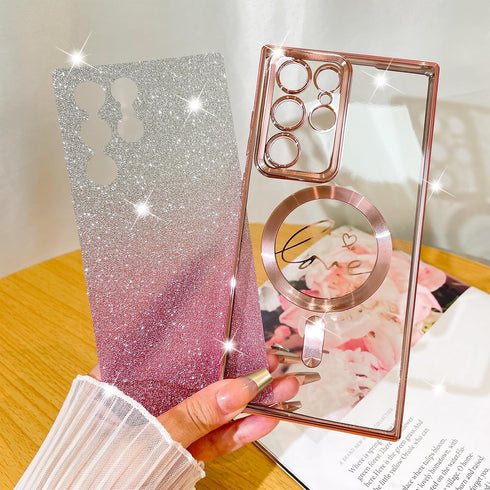 Fiyart Pink Case for Samsung Galaxy S22 Ultra, MagSafe Compatible, Clear with Love Heart Plating, Shockproof 6.8"