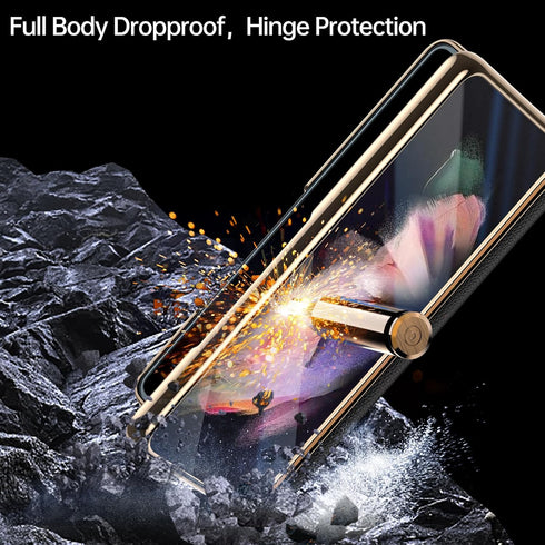 Samsung Galaxy Z Fold 3 Phone Case - Luxury Genuine Leather, Full Body Hinge Protection, Built-in Screen Protector
