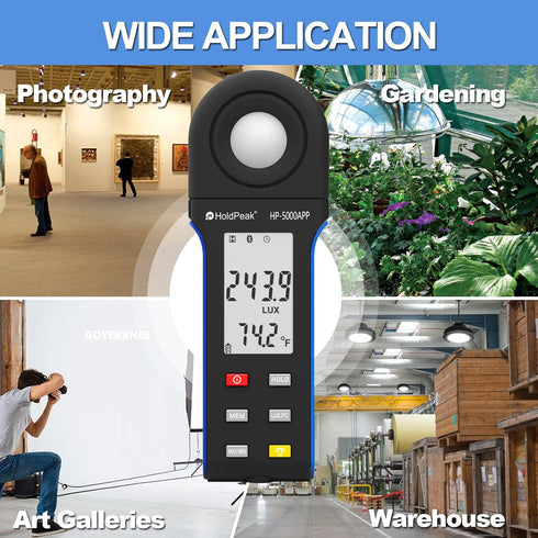 HoldPeak Illuminance Light Meter with Bluetooth, Digital Lux Foot Candles Meter, Lumen Meter for Plants, Home & Office