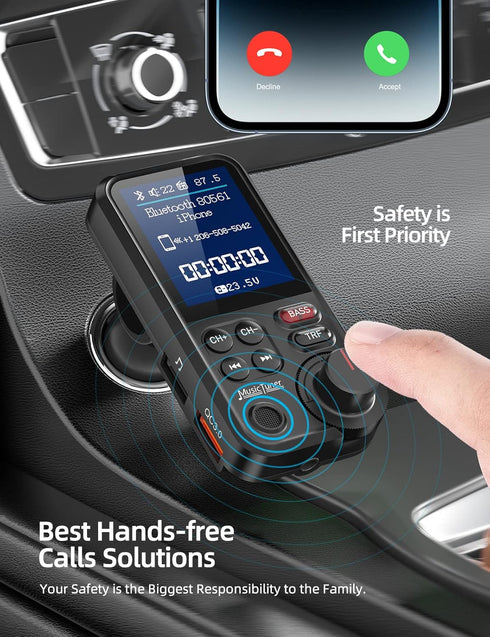 Nulaxy FM Bluetooth Transmitter for Car, Strong Microphone Bluetooth Car Adapter with 1.8" Color Screen for Hands-Free Calls, Supports QC3.0 Charging, Treble and Bass Sound Music Player- KM30