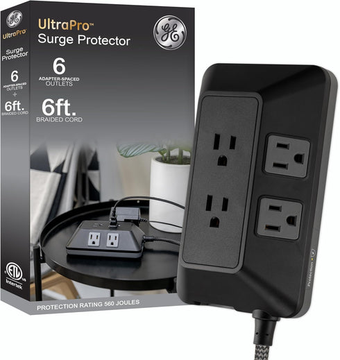 GE 6-Outlet Surge Protector, 6 Ft Braided Extension Cord Power Strip, Flat Plug, Adapter Spaced for Home, School, Office
