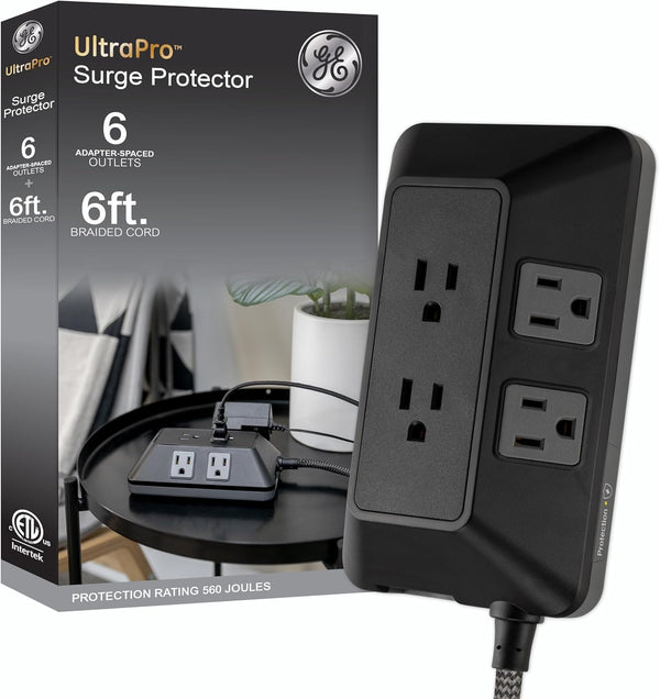 GE 6-Outlet Surge Protector, 6 Ft Braided Extension Cord Power Strip, Flat Plug, Adapter Spaced for Home, School, Office