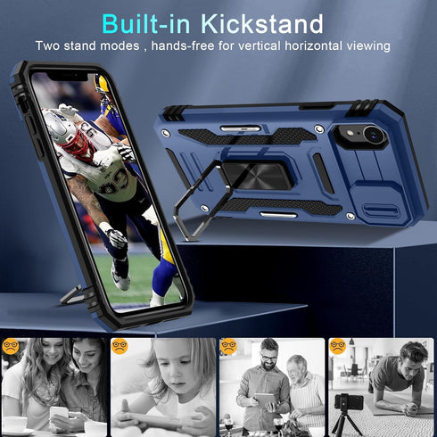 DEERLAMN for iPhone XR Case with Slide Camera Cover + Screen Protector (1 Pack), Rotated Ring Kickstand Military Grade