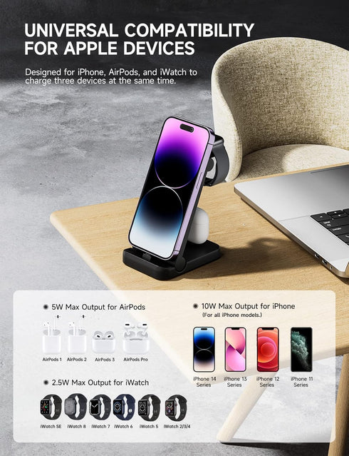 3 in 1 Charging Station with 18W Wall Adapter, Portable Foldable Charger Stand for Multiple Devices