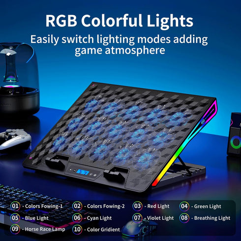 KeiBn Laptop Cooling Pad, Gaming Fan with 15 Quiet Fans, RGB Cooler for 10-17.3 Inch Laptops, 4 Height Stands