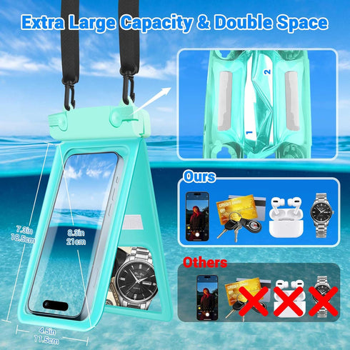Waterproof Phone Pouch, IPX8 Double Space Cell Phone Case for iPhone 15/14/13 Pro Max Plus (Light Green)