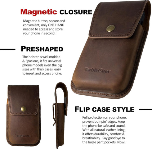 Leather Phone Pouch for Belt, Large Phone Holster for Men, S23 Ultra Belt Clip Holder, iPhone 14 Pro Max Case,