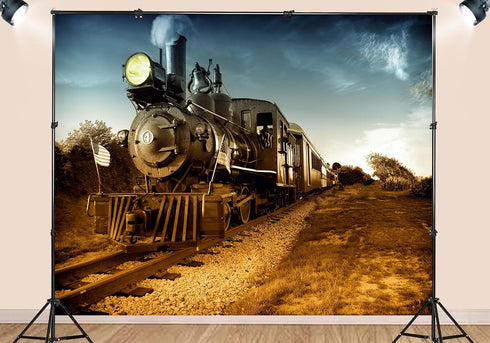 SHDASMIL 5X3ft Sunset Fabric Vintage Steam Locomotive Backdrop Train Tracks Background Western Cowboy Birthday Party