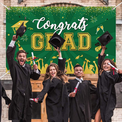 Green Graduation Banner 2025 Congrats Grad, Large Fabric Backdrop for Graduation Party Decoration 71 x 43”