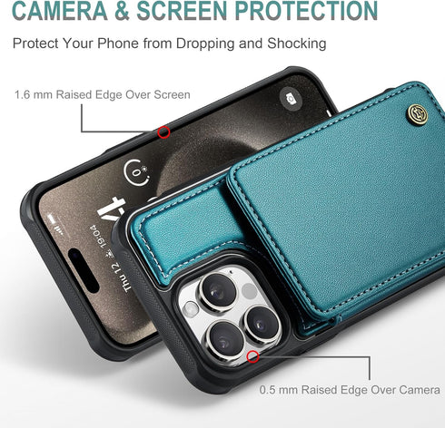 iPhone 15 Pro Wallet Case with Card Holder, RFID Blocking, Durable Kickstand Shockproof Phone Case for Women Men