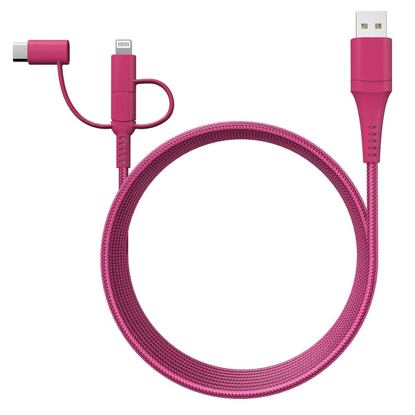 Classy Chargers 3-in-1 Universal Nylon Charging Cables, 6ft Certified Lightning, Type C, Micro USB, Hot Pink
