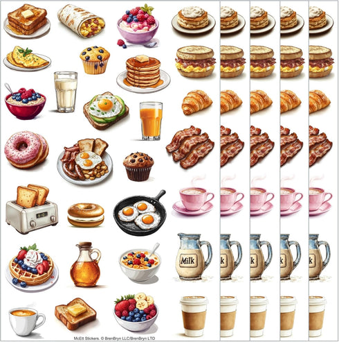 McEtt 5 Pack (145 Breakfast Food Sticker Sheets Aesthetic Illustrated Breakfast & Brunch Food Stickers Sheet Pieces)