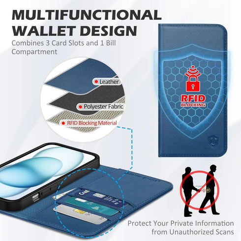 SHIELDON 15 2023, 15 6.1" Case for iPhone Genuine Leather Wallet Foldable Case with Kickstand RFID Blocking Card Holder