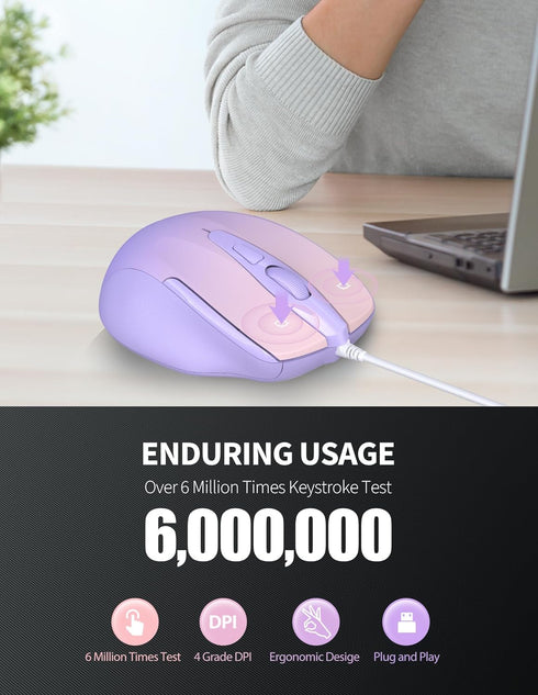 TECKNET USB Wired Mouse, 6-Button Corded Mouse with 4 Adjustable DPI, Ergonomic Design, 5FT Cord for Laptop, PC