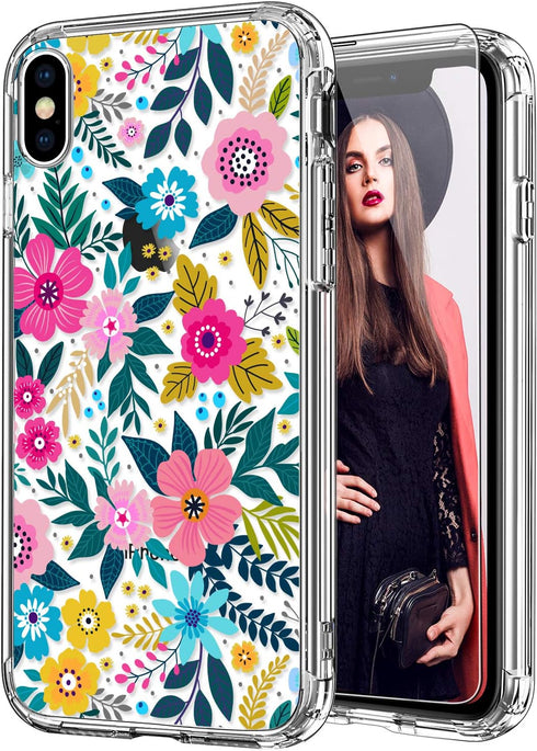 ICEDIO Case for iPhone X with Screen Protector, Clear Floral Patterns for Girls, Slim Fit TPU Protective Cover