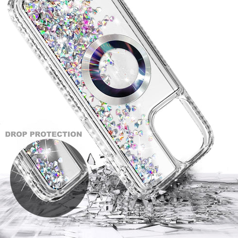 iPhone 15 Pro Max Magnetic Case with Tempered Glass Screen Protector, Glitter Floating Liquid Cute Design, Diamond