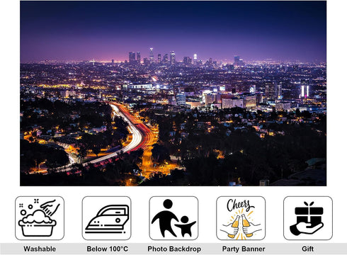 KeyWork 10x7ft Los Angeles Skyline Backdrop Purple Night Sky Light Trails City Lights Photography Background for Urban
