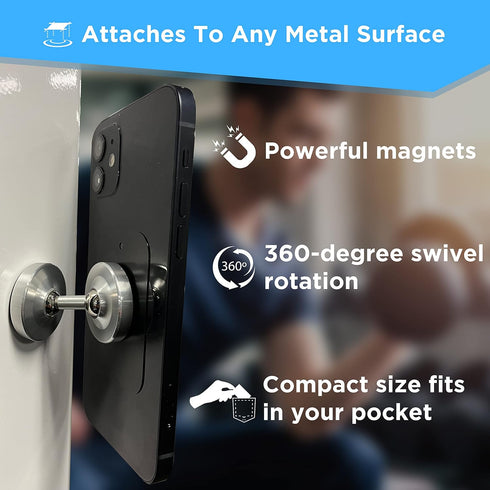 Dual Magnetic Phone Mount & Holder. Attaches magnetically to Metal Surface. Shoot Hands-Free Videos While Working Out. Strong Joints and Magnets. Compact Size.
