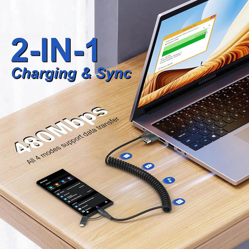 USB-C and Lightning Cable 4 in 1 Combo - MFi Certified Coiled iPhone Charger Cord for Apple Carplay & Android Auto