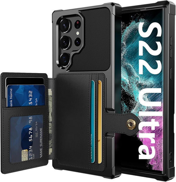 Samsung Galaxy S22 Ultra Case Black, Heavy Duty Shockproof Rugged Soft TPU Leather Flip Wallet Cover with Card Holder,