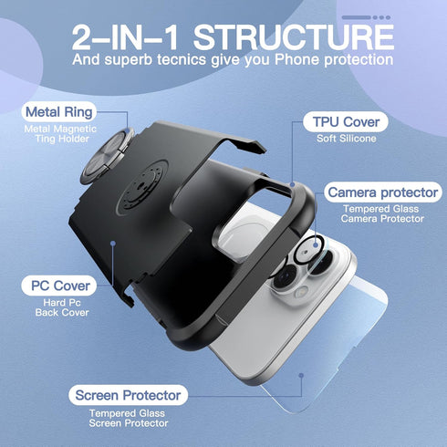 IDweel iPhone 14 Case: 2-in-1 Shockproof Cover with Screen Protector, 360° Ring Holder, Camera Lens Protector, Black.