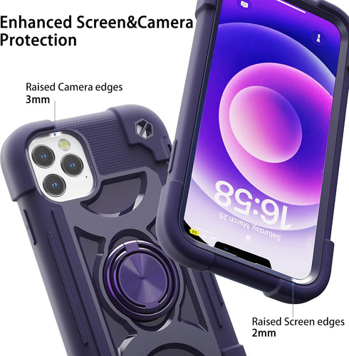 for iPhone 12/iPhone 12 Pro Case 6.1 Inch with Ring Stand, with 2 Pack Glass Screen Protector + 2 Pack Camera Lens Protector,Heavy-Duty Shockproof Military Grade Rugged Cover