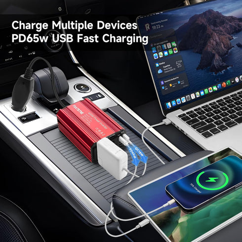 FSATBTNE 400W Power Inverter, DC 12V to 110V AC Car Plug Adapter with Fast Charging Ports and 2 AC Outlets