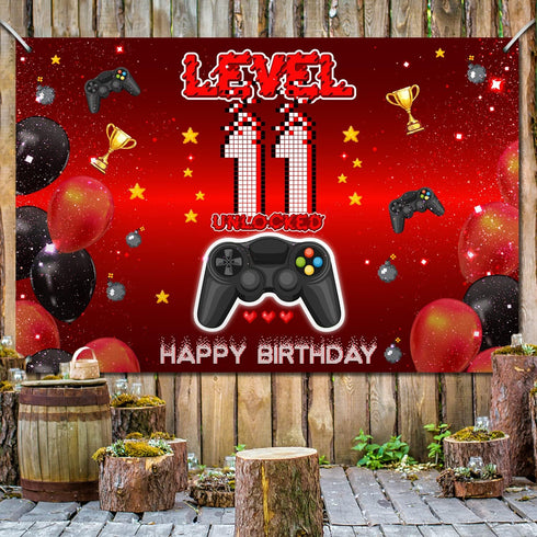 Level 11 Unlocked Backdrop Banner Decorations - Video Game Happy 11th Birthday for Boys Kids, Red and Black Level Up
