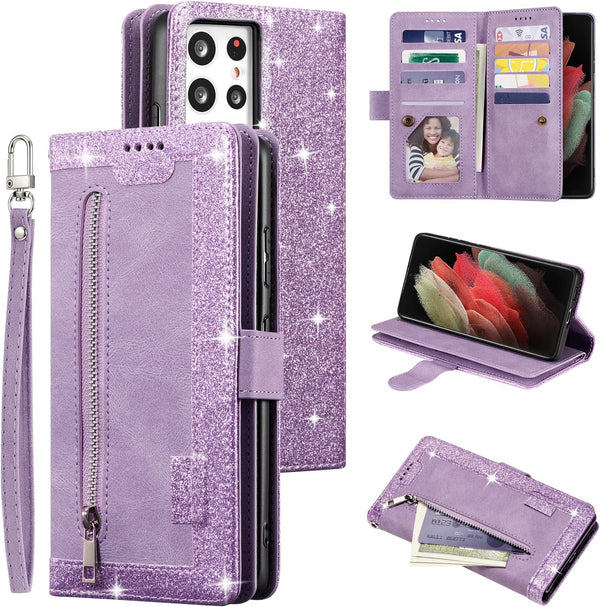 UEEBAI Wallet Case for Samsung Galaxy S21 Ultra 5G, Retro 9 Card Holder Slots, Zipper Pocket, Glitter Purple