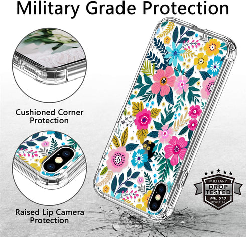 ICEDIO Case for iPhone X with Screen Protector, Clear Floral Patterns for Girls, Slim Fit TPU Protective Cover