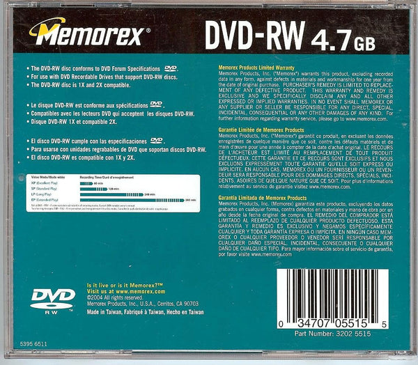 Memorex DVD-RW 4.7 GB data, 1X - 2X, or 120 minute video