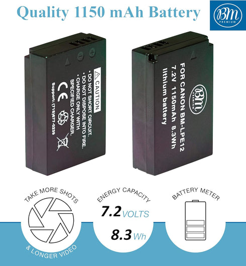 BM Premium LP-E12 Battery and Charger Kit for Canon EOS-M, EOS M2, EOS M10, EOS M50, EOS M50 Mark II, EOS M100, EOS M200, SX70 HS, Rebel SL1 Cameras