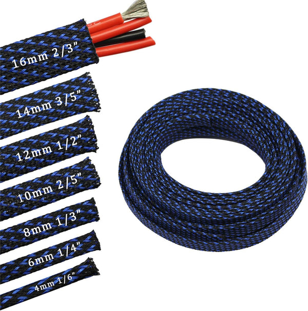 30ft PET Expandable Wire Cable Sleeve (1/4", Blue & Black)