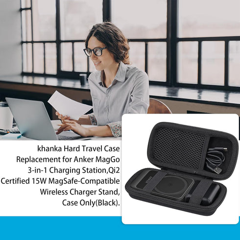 khanka Hard Travel Case for Anker MagGo 3-in-1 Charging Station, Qi2 Certified 15W MagSafe-Compatible Stand (Black)