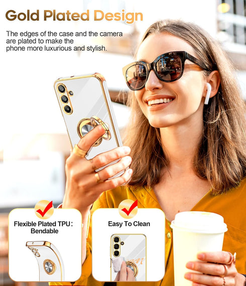 LeYi Samsung A15 5G Case with Tempered Glass Screen Protector, White 360° Rotatable Ring Holder Magnetic Kickstand