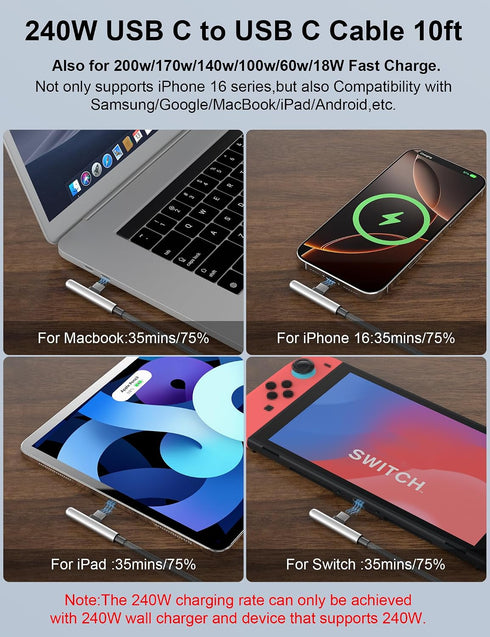 10FT 240W,Extra 10 17 16 15/iPad/MacBook S26 S25 S24 USB C Cable Fast Charging Long USB C to USB C Cable foot Type C