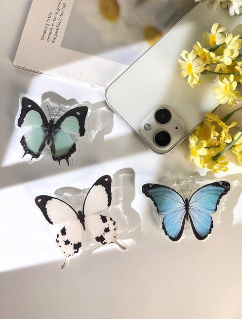 Butterfly Phone Grip, Rare Swallowtail Butterfly Holder, Cute Transparent Resin Elasticity Holder (White)