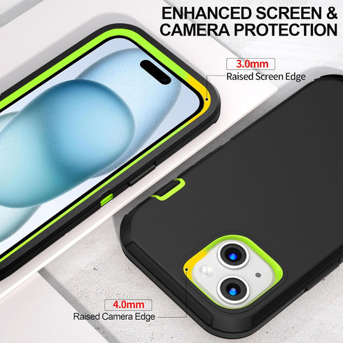 iPhone 15 Heavy Duty Case with 2 Pack Screen Protector - Rugged Military Grade Drop Protection (Black/Green)