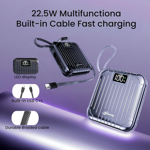 Winsway 10000mAh 22.5W 3A 4 2 Small Power Bank with Built in Cable, Fast Charging, Outputs Inputs, Mini Portable