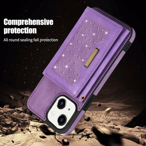 Asuwish iPhone 13 Case: 6.1" Wallet Cover, Card Holder, Tempered Glass Protector, Leather Bling, Purple for Women.