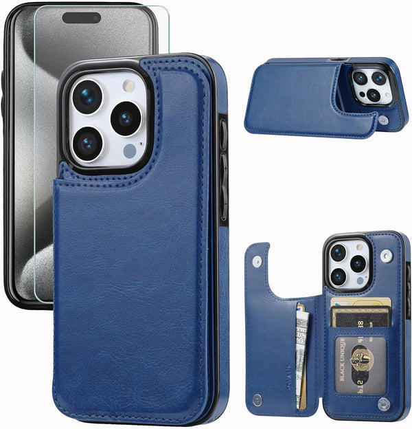 Compatible Wallet Case for iPhone 15 Pro 6.1” +1 Screen Protector, Slim PU Leather Kickstand Case, Deep Blue