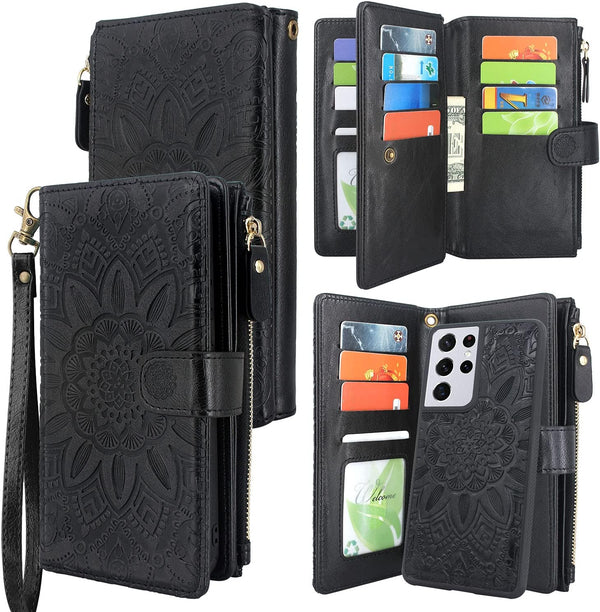 Harryshell Detachable Magnet Zipper Wallet Case for Samsung Galaxy S21 Ultra 5G, 12 Card Slots Holder (Floral Black)