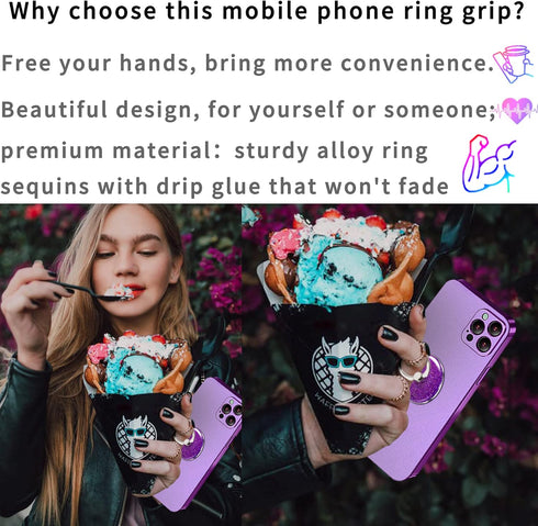 Bling Glitter Phone Grip, Round Cell Phone Ring Holder Stand Purple for Women Girls, Compatible with Smartphone, Tablet, E-Reader, Etc (PU)
