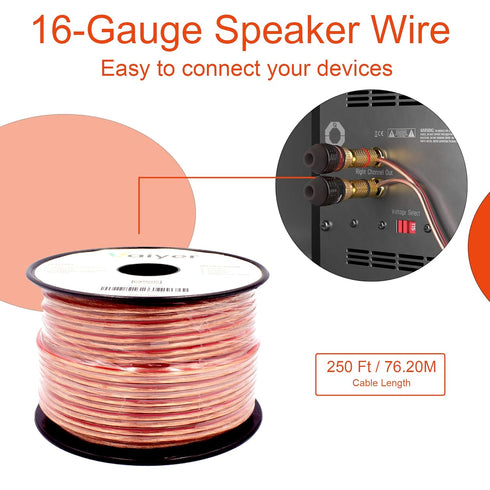 Vaiyer 16 Gauge Speaker Wire Cable - 250 ft 1.3 mm CCA High-Performance Stereo Cable for Car, Home Theater, Surround