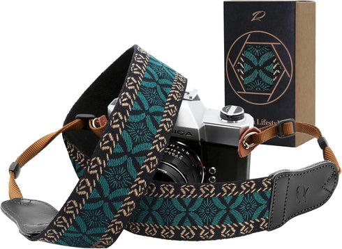 Padwa Lifestyle Mystic Green Embroidered Camera Strap - Double Layer Cowhide Ends,2"